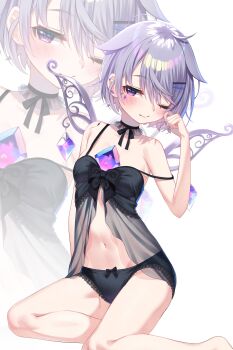 1girl absurdres alternate_costume babydoll black_babydoll black_panties black_ribbon breasts chest_jewel grey_hair highres hololive hololive_english jewel_under_eye koseki_bijou lightenbee metal_wings navel neck_ribbon one_eye_closed panties purple_eyes ribbon short_hair small_breasts solo strap_slip underwear virtual_youtuber zoom_layer