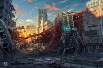 animal blue_sky building bus cloud commentary_request crack cracked_floor crosswalk highres monkey motor_vehicle no_humans original outdoors radar_dish railing road ruins scenery sign sky street sunset tokyogenso traffic_cone traffic_light window