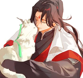 animal animalization black_hanfu brown_hair cat chinese_clothes closed_eyes closed_mouth commentary_request curtained_hair hanfu highres holding holding_animal holding_cat long_hair long_sleeves luo_binghe male_focus parted_bangs renzha_fanpai_zijiu_xitong ribboned_xiao_guan sakuramochi1003 shen_qingqiu simple_background upper_body watermark wavy_hair white_background white_cat wide_sleeves zuiyin