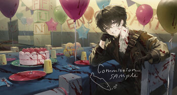 1boy absurdres balloon birthday_cake black_eyes black_gloves black_hair black_pants blood blood_on_clothes blood_on_face brown_coat cake cake_slice candle chair coat collared_shirt commission earrings food fork fruit gloves grin hair_between_eyes happy_birthday highres jacket jewelry k_hottok knife long_sleeves looking_at_viewer male_focus original pants plate shirt short_hair signature sitting smile solo star_balloon table teeth white_shirt