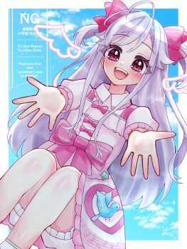 1girl :d ahoge bloomers bow hair_bow highres long_hair looking_at_viewer niizuma_yae open_mouth outstretched_arms outstretched_hand pink_bow puffy_sleeves reaching reaching_towards_viewer red_eyes smile solo underwear watermark world_dai_star yuduairi