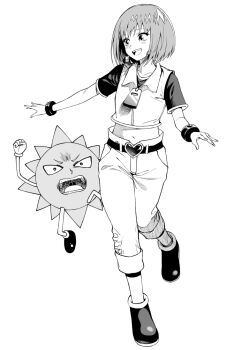 1boy 1girl beauty_(bobobo-bo_bo-bobo) belt bobobo-bo_bo-bobo bracelet cropped_jacket don_patch full_body greyscale ice_reizou jacket jewelry midriff monochrome navel open_mouth pants shoes short_hair simple_background smile white_background white_jacket zipper_pull_tab