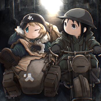 2girls :3 black_gloves black_hair blonde_hair blue_eyes brodie_helmet brown_shoes chito_(shoujo_shuumatsu_ryokou) coat combat_helmet dated gloves green_coat green_pants grey_eyes helmet highres kettenkrad low_twintails military_uniform mochainkle motor_vehicle motorcycle multiple_girls one_eye_closed pants riding shoes shoujo_shuumatsu_ryokou stahlhelm twintails yuuri_(shoujo_shuumatsu_ryokou)