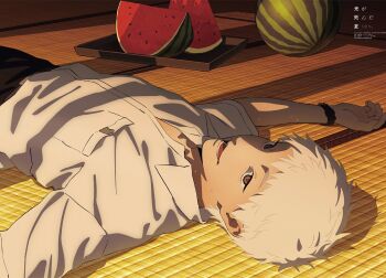 absurdres black_hair black_pants clock copyright_notice food fruit highres hikaru_ga_shinda_natsu house indou_hikaru lying magazine_scan non-web_source official_art on_back pants pash_(magazine) scan shadow shirt takahashi_yuuichi tatami watch watermelon watermelon_slice white_hair white_shirt wristwatch