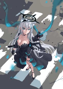 Rule 34 | 1girl, absurdres, animal ear fluff, animal ears, artist name, assault rifle, black choker, black dress, black gloves, blue archive, blue eyes, blue scarf, breasts, choker, cleavage, closed mouth, collarbone, commentary, cross, cross hair ornament, dress, extra ears, from above, full body, gloves, grey hair, gun, hair between eyes, hair ornament, halo, haoli mei an, high heels, highres, large breasts, long hair, long sleeves, looking at viewer, mismatched pupils, rifle, scarf, shiroko terror (blue archive), sig sauer, sig sauer 556, signature, solo, thigh strap, untranslatable commentary, very long hair, weapon, wolf ears