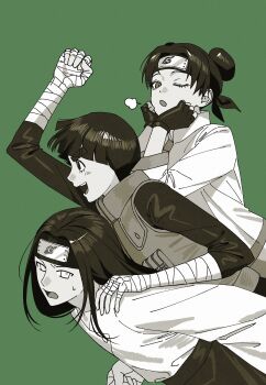 Rule 34 | 1girl, 2boys, absurdres, bandaged arm, bandaged hand, bandages, black hair, black headband, black shirt, blunt bangs, bowl cut, carrying, commentary request, double bun, fingerless gloves, flak jacket, furrowed brow, gloves, green background, green theme, hair bun, hand on another's shoulder, head on hands, headband, highres, hyuuga neji, jacket, konohagakure shinobi uniform, konohagakure symbol, korean commentary, light blush, long hair, m0 mo momo, monochrome, multiple boys, naruto (series), one eye closed, open mouth, parted bangs, parted lips, piggyback, rock lee, shirt, short hair, smile, sweatdrop, tenten (naruto), thick eyebrows, upper body, white shirt
