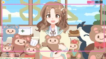 1girl animated animated_gif blush brown_eyes brown_hair closed_mouth doll holding holding_doll ichikawa_hinana idolmaster idolmaster_shiny_colors indoors long_hair looking_at_viewer lowres open_mouth pixel_art pxllb smile solo translation_request
