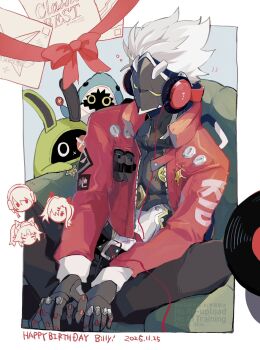 +++ 1boy amillion_(zenless_zone_zero) ammunition anby_demara artificial_eye bangboo_(zenless_zone_zero) belt billy_kid black_pants blue_background border clothed_robot couch dated english_text hally happy_birthday headphones high_collar highres humanoid_robot jacket letter male_focus mechanical_arms mechanical_eye mechanical_hands metal_skin motion_lines nekomiya_mana nicole_demara notice_lines on_couch pants red_jacket red_ribbon ribbon robot robot_boy sharkboo_(zenless_zone_zero) sheriff_badge sitting white_border white_hair wire yellow_eyes zenless_zone_zero