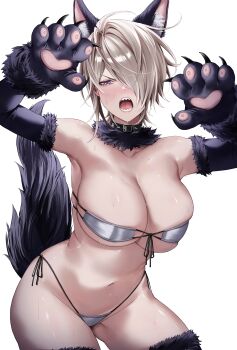 1girl absurdres animal_ear_fluff animal_ears animal_hands bikini black_collar blonde_hair blush breasts claw_pose cleavage collar fake_animal_ears fake_tail front-tie_bikini_top front-tie_top gloves hair_over_one_eye highres large_breasts looking_at_viewer navel open_mouth original paw_gloves reese_(ulularts) sharp_teeth shiny_skin short_hair side-tie_bikini_bottom simple_background solo spiked_collar spikes stomach string_bikini sweat swimsuit tail teeth ulularts white_background white_bikini wolf_ears wolf_tail yellow_eyes