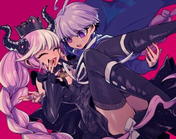 1boy 1girl ahoge black_dress black_flower black_footwear black_gloves black_horns black_nails black_sleeves black_thighhighs blue_cape blue_jacket blush boots braid breasts cape cleavage closed_eyes criss-cross_halter crown detached_sleeves dress feet_out_of_frame fingerless_gloves floral_print flower frilled_dress frills gloves hair_flower hair_ornament hair_ribbon halterneck hands_up high_heel_boots high_heels horns jacket large_breasts long_hair long_sleeves looking_at_another mako_gai master_detective_archives:_rain_code multicolored_hair open_mouth pink_background pink_hair purple_eyes purple_hair ribbon shinigami_(rain_code) short_hair sidelocks simple_background sweatdrop swept_bangs symbol_in_eye thighhighs twin_braids two-tone_hair very_long_hair white_hair white_ribbon yuma_kokohead