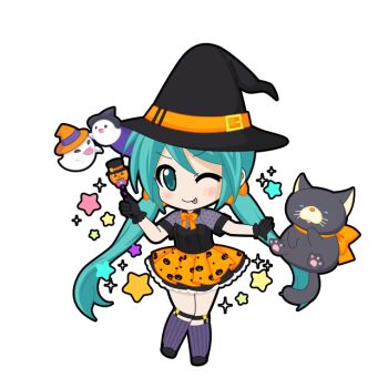 1girl ;p aqua_eyes aqua_hair belt_buckle black_gloves black_hat black_outline black_shirt black_shoes blush bow bowtie buckle cat chibi chibi_only closed_mouth full_body game_asset ghost gloves grey_shirt halloween hat hatsune_miku hatsune_miku_graphy_collection holding holding_wand kneehighs layered_skirt legwear_garter long_hair looking_at_viewer low_twintails one_eye_closed orange_bow orange_bowtie orange_skirt outline polka_dot polka_dot_shirt pumpkin_print purple_socks shirt shoes short_sleeves skirt smile socks solo sparkle standing star_(symbol) star_print striped_clothes striped_socks tongue tongue_out transparent_background twintails v-shaped_eyebrows vertical-striped_clothes vertical-striped_socks very_long_hair vocaloid wand witch witch_hat