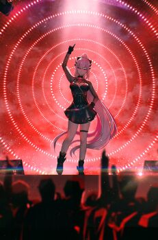 1girl absurdres advarcher black_boots black_bow black_dress black_gloves blurry boots bow breasts crowd depth_of_field dress gloves glowing glowing_eyes highres hololive hololive_english large_breasts lens_flare long_hair mori_calliope mori_calliope_(grimoire) official_alternate_costume pink_eyes pink_hair ponytail red_theme stage stage_lights thigh_strap very_long_hair virtual_youtuber