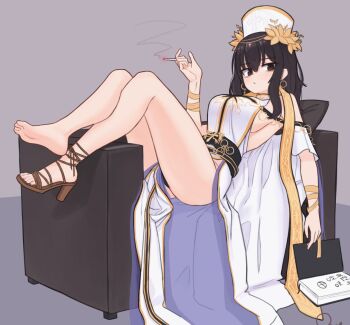1girl barefoot bebetang black_eyes black_hair cigarette couch dungeon_and_fighter feet female_crusader_(dungeon_and_fighter) female_priest_(dungeon_and_fighter) highres long_hair looking_at_viewer on_couch sandals shoes single_shoe soles toes