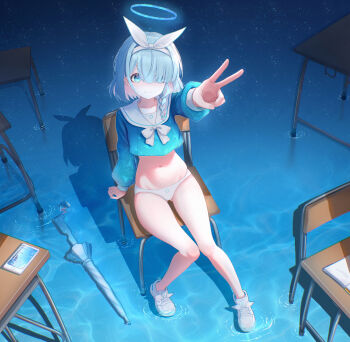 1girl absurdres arona_(blue_archive) blue_archive blue_eyes breasts highres looking_at_viewer medium_hair navel panties sitting small_breasts solo umbrella underwear v water white_panties zjsmqjjj