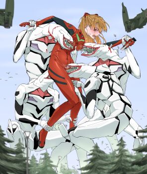 1girl 6+boys anilingus anilingus_through_clothes artist_request bodysuit breasts brown_hair cunnilingus cunnilingus_through_clothes curvy defeat embarrassed forced forest from_above full_body giant giantess hetero highres holding holding_weapon injury interface_headset_(evangelion) licking_breast long_hair looking_at_another mass_production_eva mecha_pilot_suit moaning multiple_boys nature neon_genesis_evangelion open_mouth oral outdoors plugsuit_(evangelion) red_bodysuit restrained saliva shiny_clothes smile souryuu_asuka_langley sweat the_end_of_evangelion tongue tongue_out weapon what wide_hips