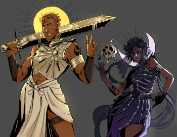 2girls abs absurdres armor bone_print brown_hair corvophobia ear_piercing facepaint freckles gideon_nav gideon_the_ninth grey_background hades_(series) hades_2 harrowhark_nonagesimus highres holding holding_sword holding_weapon jewelry long_sword multiple_girls necromancer piercing ring skull skull_facepaint sword the_locked_tomb thigh_strap v weapon