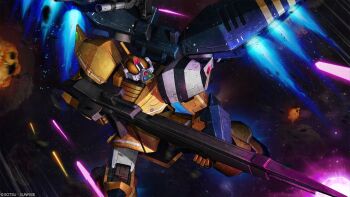 absurdres assault_visor battle beam_rifle copyright_notice debris energy_beam energy_gun explosion gelgoog_vertex gundam gundam_battle_operation_2 highres machinery mecha mecha_focus mobile_suit msv-r:_the_return_of_johnny_ridden nebula no_humans official_art painting_(medium) radio_antenna realistic robot scan science_fiction space star_(sky) sunrise_(company) tenjin_hidetaka thrusters traditional_media weapon