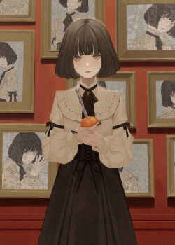 1girl black_hair bob_cut cevio expressionless food fruit highres knife looking_at_viewer multiple_views orange_(fruit) original photo_(object) portrait_(object) red_eyes short_hair skirt zudxpnz