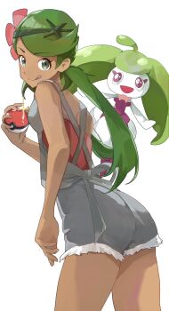 Rule 34 | 1girl, :q, ass, bare shoulders, breasts, dark-skinned female, dark skin, flower, from behind, gen 7 pokemon, green eyes, green hair, hair flower, hair ornament, long hair, looking back, mallow (pokemon), nintendo, overall shorts, overalls, poke ball, pokemon, pokemon sm, sleeveless, steenee, tongue, tongue out, ushiwaka, very long hair