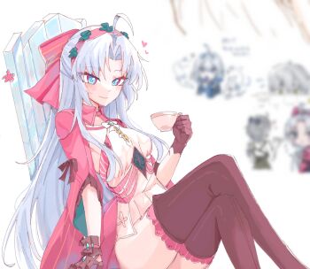 1girl ahoge black_boots black_gloves blue_eyes blurry blurry_background boots bow breasts carlotta_(wuthering_waves) closed_mouth commentary_request crossed_legs cup dress feet_out_of_frame gloves grey_hair hair_bow heart highres holding holding_cup jacket long_hair looking_at_viewer medium_breasts parted_bangs pink_bow pink_jacket pink_thighhighs sitting smile solo starblame thigh_boots thighhighs thighhighs_under_boots thighs white_dress wuthering_waves