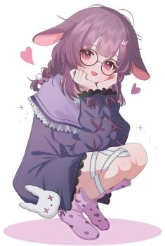 1girl animal_ears braid commission fallenshadow frills glasses hair_ornament hands_on_own_cheeks hands_on_own_face heart highres indie_virtual_youtuber long_sleeves open_mouth pink_eyes pom_pom_(clothes) pom_pom_hair_ornament purple_hair purple_socks ribbon round_eyewear shusuchii socks solo virtual_youtuber white_ribbon