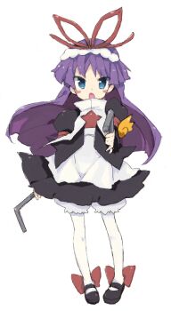 1girl blue_eyes blush_stickers dousing_rod dowsing_rod dress feli_(puyopuyo) female_focus full_body hair_ribbon hairband long_hair madou_monogatari mary_janes nakamura_sandayo pantyhose purple_hair puyopuyo puyopuyo_fever ribbon shoes simple_background solo standing thighhighs white_background white_pantyhose