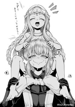 Rule 34 | 1boy, 1girl, aibumi, barefoot, blush, carrying, carrying person, elden ring, elden ring: shadow of the erdtree, female pervert, greyscale, highres, long hair, miquella (elden ring), monochrome, needle knight leda, on shoulder, pervert, shoulder carry, sitting on shoulder, smile