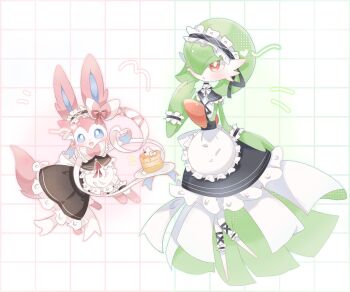 apron blue_eyes blush bob_cut bow clothed_pokemon colored_skin dress gardevoir gen_3_pokemon gen_6_pokemon green_hair green_skin hair_over_one_eye highres holding holding_plate maid maid_headdress multicolored_fur multicolored_skin nintendo pink_eyes pink_fur plate pokemon pokemon_(creature) shiu_224 sylveon two-tone_skin white_apron white_dress white_skin