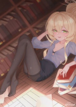 1girl absurdres black_bra black_skirt blonde_hair blue_archive book book_stack bookshelf bra feet from_side full_body green_eyes halo highres indoors legs long_hair looking_at_viewer lying no_shoes on_back pencil_skirt ponytail professor_niyaniya_(blue_archive) rara086 skirt smile solo thighhighs thighs underwear