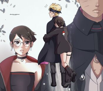 1boy 1girl black_cape black_choker black_eyes black_hair black_headband black_socks black_tube_top blonde_hair boruto:_two_blue_vortex breasts cape choker collarbone commentary earrings english_commentary facial_mark forehead_protector frown glasses headband height_difference high_heels highres hug hug_from_behind jewelry justcallmedolce lips loose_socks naruto_(series) short_hair small_breasts socks strapless tube_top twitter_username uchiha_sarada uchiha_symbol uzumaki_boruto whisker_markings