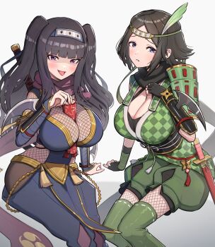 2girls absurdres arm_blade between_breasts black_gloves bodystocking breasts brown_hair checkered_print cleavage feather_hair_ornament feathers fingerless_gloves fire_emblem fire_emblem_awakening fire_emblem_heroes fishnet_bodystocking fishnets gloves gonzarez hair_ornament hand_on_own_chest headband highres large_breasts long_hair looking_at_viewer mother_and_daughter multiple_girls naughty_face ninja nintendo noire_(fire_emblem) noire_(ninja)_(fire_emblem) official_alternate_costume open_mouth paintbrush purple_eyes scarf scroll short_hair simple_background smile tharja_(fire_emblem) tharja_(ninja)_(fire_emblem) tongue tongue_out two_side_up vambraces weapon