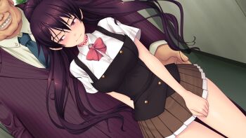 1boy 1girl blush bow breasts brown_skirt choker covering_privates dutch_angle embarrassed fat fat_man formal_clothes game_cg genseishinki_sacred_virth grin hetero large_breasts large_variant_set long_hair necktie non-web_source official_art pinstripe_pattern pleated_skirt ponytail purple_eyes purple_hair school_uniform skirt skirt_tug smile suit teeth ugly_bastard variant_set yuugure_pairo yuuki_setsu