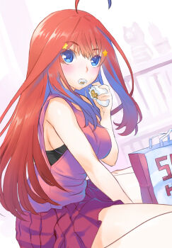 1girl ahoge alternate_costume bag black_bra blue_eyes blush bra bra_peek breasts eating food from_side go-toubun_no_hanayome hair_ornament highres hirokiku holding holding_food long_hair looking_at_viewer medium_breasts nakano_itsuki pink_shirt pleated_skirt red_hair red_skirt shirt shopping_bag sitting skirt sleeveless sleeveless_shirt solo star_(symbol) star_hair_ornament steamed_bun underwear wariza