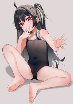 1girl absurdres bare_legs black_hair black_one-piece_swimsuit commentary_request covered_navel feet flat_chest grey_background highres legs long_hair looking_at_viewer meito_(maze) one-piece_swimsuit one_side_up original red_eyes simple_background sitting soles solo swimsuit toes