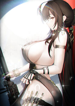 1girl anti-materiel_rifle armlet blackcat_enjia bloom bolt_action bracelet breasts brown_hair bullpup chinese_commentary closed_mouth commentary_request cowboy_shot dsr-50 dsr-50_(girls&#039;_frontline) earrings from_side girls&#039;_frontline girls&#039;_frontline_2:_exilium glint gun highres holding holding_gun holding_weapon jewelry large_breasts lens_flare long_hair profile rifle side_slit sideboob sidelocks sniper_rifle solo very_long_hair weapon