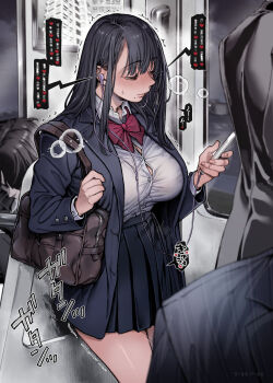 1girl bag black_hair black_jacket black_skirt blazer blur_censor blush bow bowtie breasts breath brown_eyes button_gap censored closed_mouth collared_shirt commentary cowboy_shot mp3_player dress_shirt earbuds earphones emphasis_lines eyelashes half-closed_eyes heavy_breathing highres holding implied_orgasm jacket large_breasts lips long_hair long_sleeves looking_down miniskirt moaning mole mole_under_mouth open_clothes open_jacket original paid_reward_available pleated_skirt red_bow red_bowtie rororogi_mogera school_bag school_uniform shirt shirt_tucked_in signature skirt solo_focus sound_effects standing straight_hair sweat sweatdrop thighs train_interior translated trembling uncommon_stimulation wavy_mouth white_shirt wing_collar