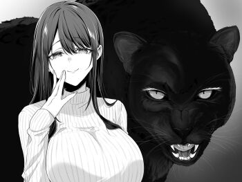 1girl breasts closed_mouth greyscale highres large_breasts long_hair long_sleeves monochrome onee-san_(pen_nee_(pensis)) original panther pen_nee_(pensis) ribbed_sweater smile solo sweater upper_body