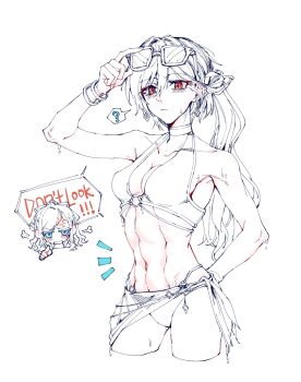 Rule 34 | 2girls, anger vein, bare shoulders, bikini, breasts, ceras yanagida lilienfeld, ceras yanagida lilienfeld (swimsuit), chibi, chibi inset, cleavage, commentary, cowboy shot, cropped legs, diamond-shaped earrings, english text, hair bun, highres, katsuragi izumi, katsuragi izumi (swimsuit), link! like! love live!, love live!, medium breasts, multiple girls, navel, o-ring, o-ring bikini, o-ring bottom, o-ring top, official alternate costume, orange eyes, partially colored, pointing, pointing at viewer, ponytail, puff of air, side ponytail, simple background, single side bun, slit pupils, stomach, sunglasses, swimsuit, symbol-only commentary, toned, toned female, virtual youtuber, wet, white background, yrxy settingsun