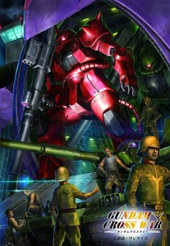 5boys aircraft artist_request bazooka_(gundam) belt cable cannon combat_helmet gaw glowing gundam gundam_cross_war helmet highres lens_flare logo machinery magella_attack mecha military_uniform military_vehicle mobile_suit mobile_suit_gundam motor_vehicle multiple_boys one-eyed open_hatch realistic robot roundel scene_reference science_fiction scope soldier tank tank_top toned zaku_ii zaku_ii_s_char_custom zeon