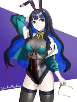 1girl absurdres adapted_costume animal_ears bare_shoulders black_hair black_leotard black_thighhighs blue_hair bra breasts buttons colored_inner_hair dantonphanton double-breasted eyeliner fake_animal_ears fate/grand_order fate_(series) green_bra green_jacket grey_eyes highleg highleg_leotard highres jacket jewelry leotard long_hair long_sleeves looking_at_viewer makeup multicolored_hair neck_ring o-ring off_shoulder parted_lips playboy_bunny rabbit_ears see-through_cleavage see-through_clothes sidelocks small_breasts solo sunglasses tenochtitlan_(fate) tenochtitlan_(second_ascension)_(fate) thighhighs thighs underwear unworn_eyewear
