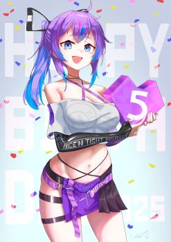 1girl absurdres black_gloves blue_eyes blue_hair breasts cleavage cropped_shirt elbow_gloves gloves halterneck happy_birthday highres looking_at_viewer medium_breasts medium_hair melody_(projektmelody) multicolored_hair open_mouth pink_hair ponytail purple_hair purple_skirt shirt skirt smile solo thigh_strap two-tone_hair uhen virtual_youtuber vshojo white_shirt