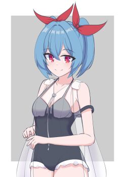 1girl absurdres ak-alfa_(girls'_frontline) ak-alfa_(girls'_frontline)_(cosplay) bare_shoulders black_one-piece_swimsuit blue_hair blush breasts cleavage colphne_(girls'_frontline_2) cosplay front_zipper front_zipper_swimsuit_(realise) girls'_frontline girls'_frontline_2:_exilium hair_ribbon highres looking_at_viewer medium_hair one-piece_swimsuit red_eyes red_ribbon ribbon risu_(risu028) small_breasts smile solo standing swimsuit thighs tololo_(celestial_river_at_dusk)_(girls'_frontline_2) tololo_(girls'_frontline_2) twintails