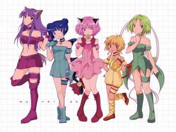 5girls :3 ;3 absurdres aizawa_mint animal_ears bare_shoulders bell blonde_hair blue_boots blue_choker blue_dress blue_eyes blue_gloves blue_hair blue_wings boots braid brown_eyes choker closed_mouth detached_sleeves double_bun dress fong_pudding fujiwara_zakuro full_body gloves green_boots green_choker green_dress green_eyes green_hair grid_background gupipy hair_bun highres lettustanets long_hair magical_girl mew_ichigo mew_lettuce mew_mint mew_pudding mew_zakuro midorikawa_lettuce midriff mintone_arrow momomiya_ichigo monkey_ears monkey_girl monkey_tail multiple_girls one_eye_closed open_mouth pink_dress pink_hair puffy_detached_sleeves puffy_sleeves puring_ring purple_boots purple_choker purple_eyes purple_hair purple_skirt short_hair skirt smile strawbell_bell tail tail_bell tail_ornament thigh_boots tokyo_mew_mew wings wolf_ears wolf_girl wolf_tail yellow_choker