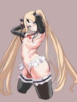 1girl 9is abigail_williams_(fate) abigail_williams_(second_ascension)_(fate) absurdres armpits arms_up black_ribbon black_thighhighs blonde_hair blue_eyes blush bow bowtie breasts brown_background commentary_request cosplay dead_or_alive dead_or_alive_5 dead_or_alive_xtreme elbow_gloves fate/grand_order fate_(series) frilled_thighhighs frills from_side gloves hair_ornament hair_ribbon highres keyhole long_hair looking_at_viewer marie_rose marie_rose_(cosplay) marie_rose_(devilish_servant_against_the_splashing_waves) navel nipples partially_undressed red_bow red_bowtie ribbon simple_background sketch small_breasts solo stomach thighhighs twintails very_long_hair