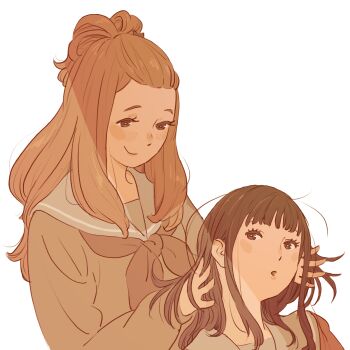 Rule 34 | 2girls, 55bata6rou, bangs pinned back, black eyes, black hair, blue sailor collar, brown eyes, brown hair, closed mouth, freckles, hair lift, hands in hair, hibike! euphonium, highres, holding another's hair, kenzaki ririka, kitauji high school uniform, long hair, long sleeves, looking at another, multiple girls, neckerchief, sailor collar, school uniform, simple background, smile, upper body, white background, yoroizuka mizore