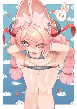1girl animal_ear_fluff animal_ear_piercing animal_ears black_bra black_panties bra braid breasts bright_pupils closed_mouth furry furry_female hair_ornament highres leaning_forward loli long_hair looking_at_viewer maaji_(peinsaikouda) navel panties pink_fur pink_hair red_eyes small_breasts solo sphere_hair_ornament thick_eyebrows tongue tongue_out twin_braids underwear white_pupils zenless_zone_zero zhao_(zenless_zone_zero)