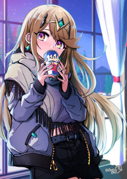 1girl absurdres artist_name belt black_skirt blonde_hair can commentary_request contemporary curtains drink_can earrings grey_jacket highres holding holding_can indoors jacket jewelry long_hair looking_at_viewer loose_hair_strand mythra_(xenoblade) open_clothes open_jacket scarf signature skirt soda_can sofusan1526 solo standing tiara window xenoblade_chronicles_(series) xenoblade_chronicles_2 zipper zipper_pull_tab