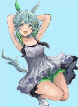 1girl animal_ears armpits arms_behind_head blue_eyes blush breasts choker collarbone commentary_request dress ear_covers flower green_sailor_collar green_shorts grey_hair hair_between_eyes hair_flower hair_ornament hairclip horse_ears horse_girl horse_tail looking_at_viewer open_mouth sailor_collar seiun_sky_(reeling_in_the_big_one)_(umamusume) seiun_sky_(umamusume) shoes short_hair shorts simple_background single_ear_cover sleeveless sleeveless_dress small_breasts smile solo sunflower sunflower_hair_ornament tail umamusume white_dress yanagi_wakana yellow_choker