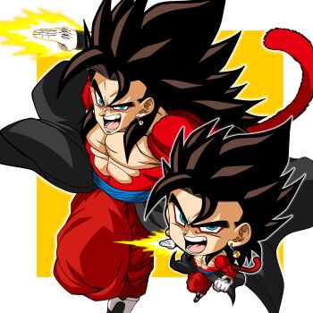 2boys abs absurdres aqua_eyes baggy_pants black_hair blue_sash chibi commentary_request curtained_hair dragon_ball dragon_ball_heroes earrings energy_blade eyeliner gloves highres jewelry long_bangs looking_at_viewer makeup male_focus medium_hair monkey_tail multiple_boys nose open_mouth outline outside_border pants pectorals potara_earrings qcumber_illust red_eyeliner red_pants red_tail sash spiked_hair square super_saiyan super_saiyan_4 tail teeth tongue topless_male vegetto vegetto_(xeno) white_footwear white_gloves white_outline ws