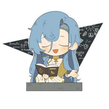 1girl 37_(reverse:1999) ancient_greek_clothes blue_hair book chibi closed_eyes daku_k greco-roman_clothes hair_between_eyes hand_up highres holding holding_book long_hair math open_book open_mouth reverse:1999 smile solo teaching toga triangle upper_body very_long_hair white_background
